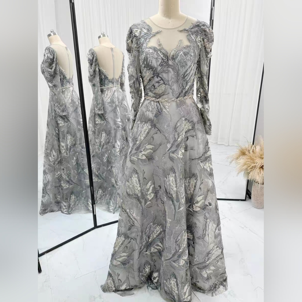 Elegant Gray Floral Evening Gown
